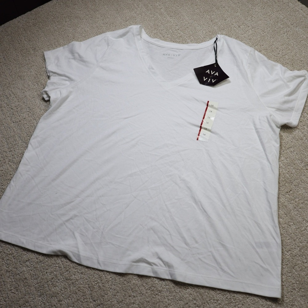 Ava & Viv Womens White V-Neck Short Sleeve T-Shirt Size 1X 7K91ZX